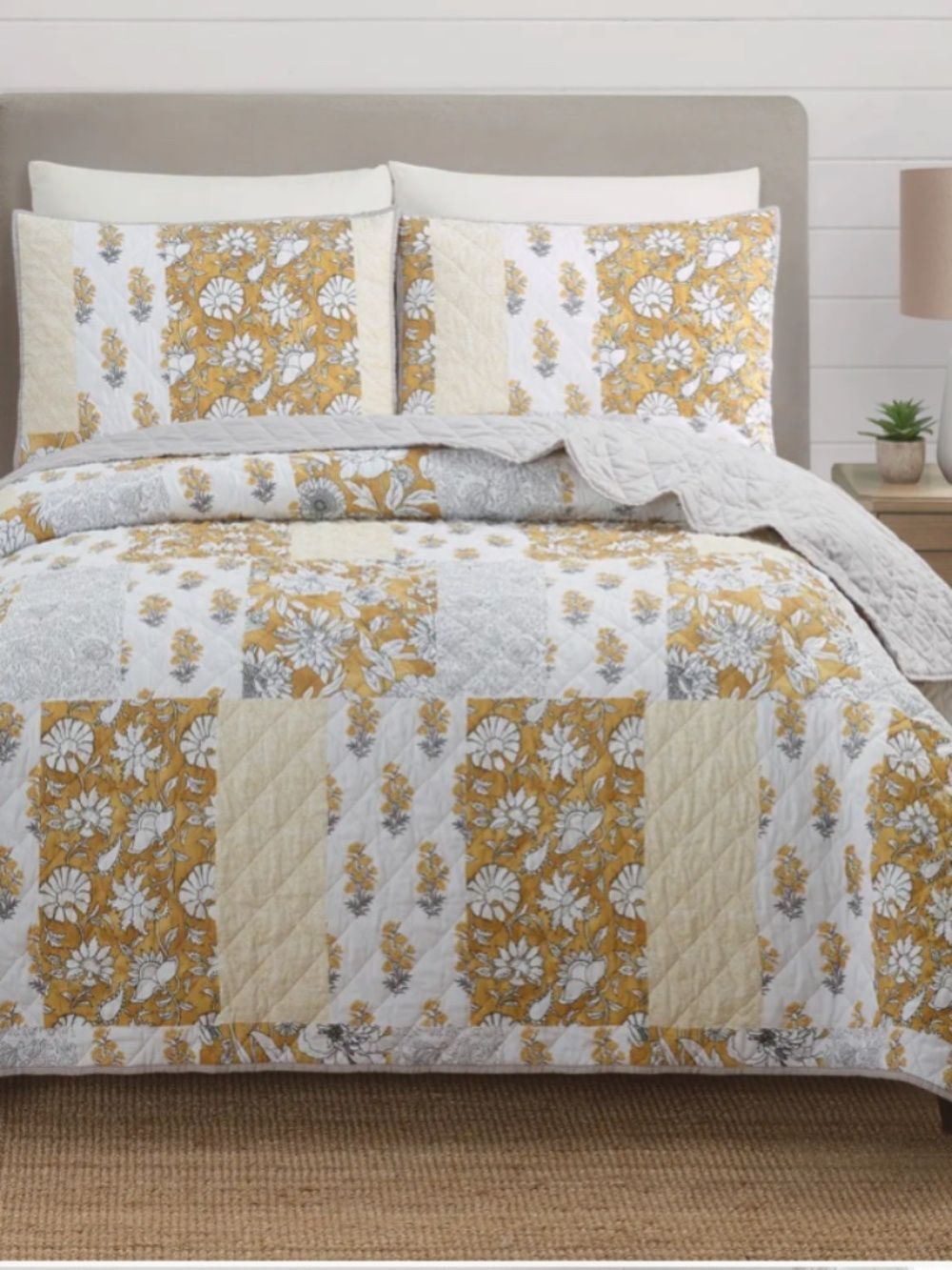Golden Saffron Patchwork Queen Quilt Set Cottage Floral Shabby Chic